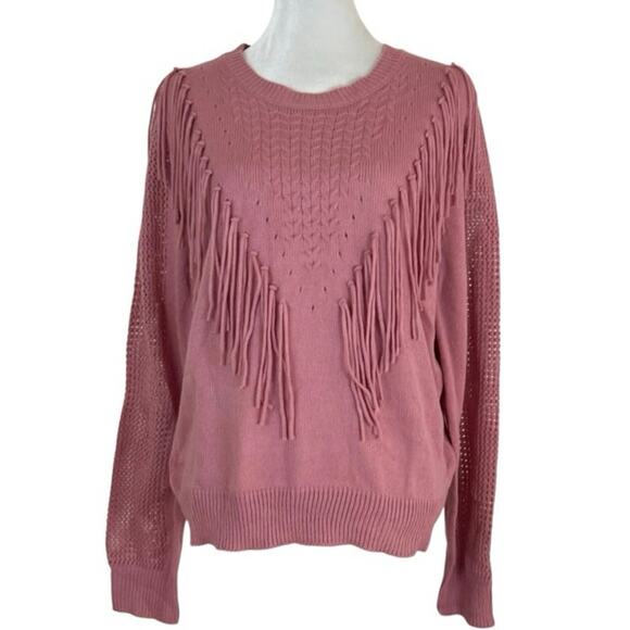 Umgee Mauve Pink Fringe Front Crew Neck Pointelle Sweater Size Large NWT - Picture 1 of 7